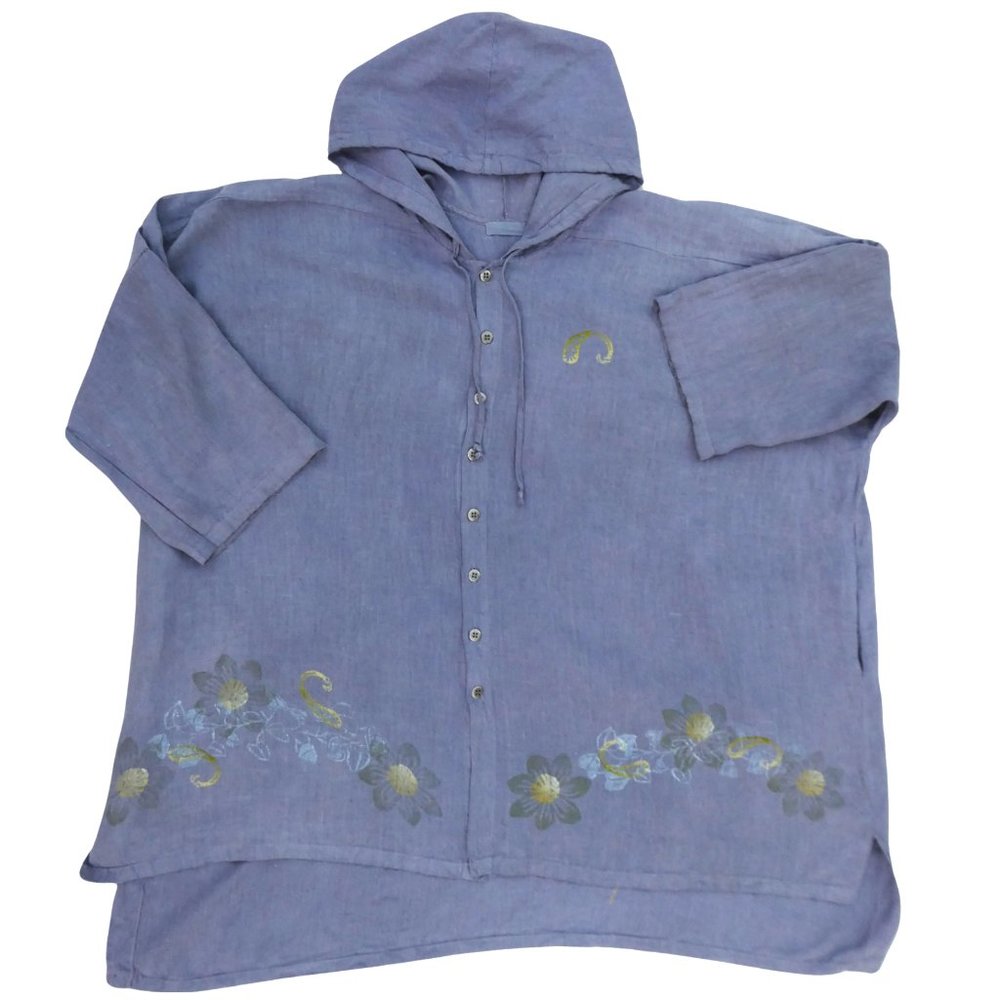 Blue Fish Clothing USA Steel Gray Tunic Hoodie Hand Printed Floral Hi Low Vents